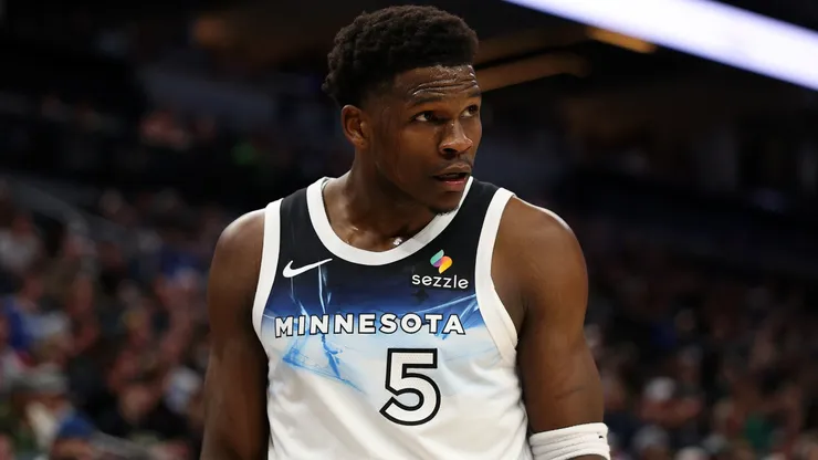 Anthony Edwards #5 of the Minnesota Timberwolves looks on against the Milwaukee Bucks in the first quarter at Target Center.