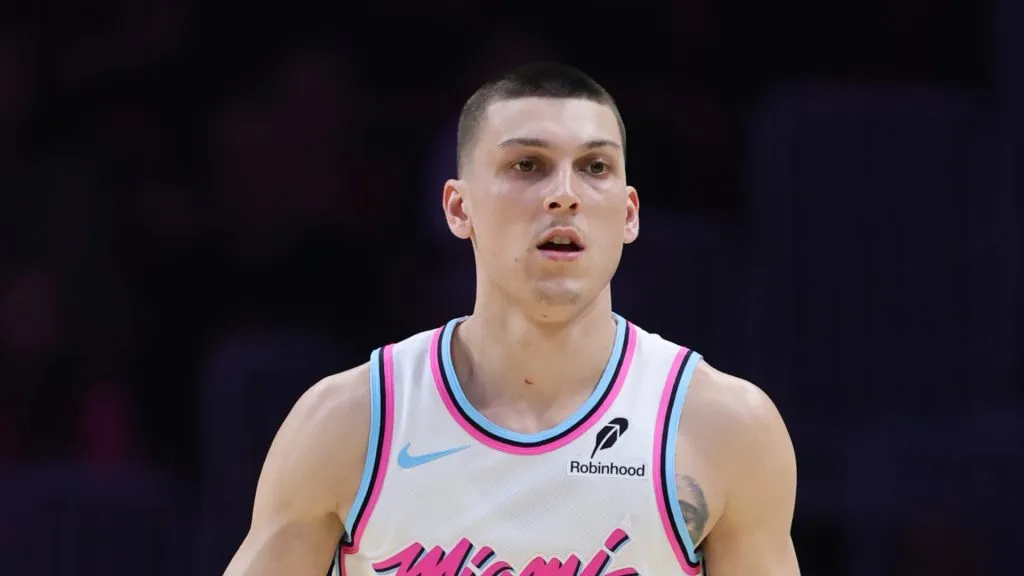 Tyler Herro #14 of the Miami Heat in action against the Cleveland Cavaliers