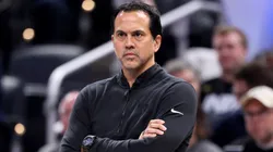 Erik Spolestra the head coach of the Miami Heat gives instructions to his team against the Indiana Pacers at Gainbridge Fieldhouse on November 15, 2024 in Indianapolis, Indiana.