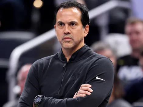 Miami Heat HC Erik Spoelstra reacts to team's loss against Mavericks