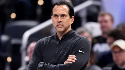 Erik Spolestra the head coach of the Miami Heat gives instructions to his team against the Indiana Pacers at Gainbridge Fieldhouse on November 15, 2024 in Indianapolis, Indiana.
