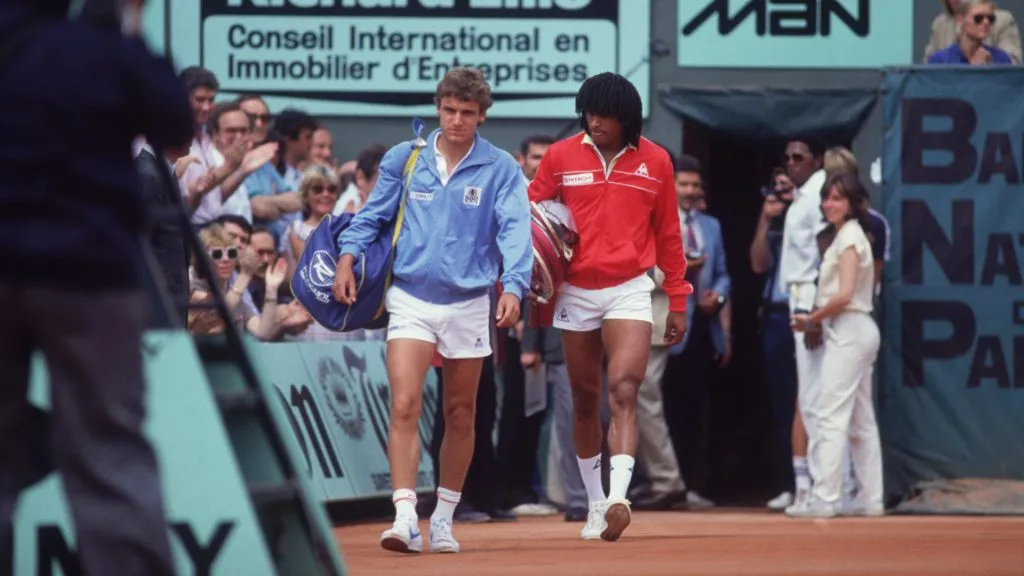 Swedish tennis player Mats Wilander (left) and French tennis player Yannick Noah, the finalists in the Men’s Singles of the 1983 French Open. (Steve Powell/Getty Images)