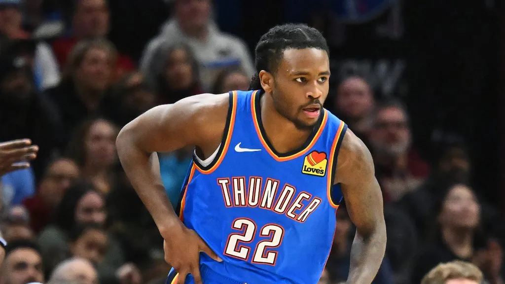 Cason Wallace #22 of the Oklahoma City Thunder celebrates during the fourth quarter against the Cleveland Cavaliers