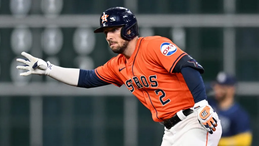 Alex Bregman #2 of the Houston Astros celebrates after hitting a double against the Tampa Bay Rays during the fifth inning at Minute Maid Park on August 2, 2024 in Houston, Texas. (Photo by Jack Gorman/Getty Images)