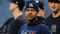 Marcus Stroman #0 of the New York Yankees looks on during a workout prior to the 2024 ALDS at Yankee Stadium on October 01, 2024 in the Bronx borough of New York City.