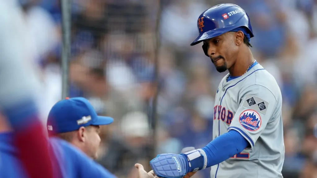 Francisco Lindor #12 of the New York Mets celebrates after scoring during the 1st inning of Game Six of the National League Championship Series against the Los Angeles Dodgers at Dodger Stadium on October 20, 2024 in Los Angeles, California. (Photo by Harry How/Getty Images)