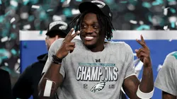 A.J. Brown #11 of the Philadelphia Eagles celebrates during the trophy ceremony after defeating the Washington Commanders 55-23 to win the NFC Championship Game at Lincoln Financial Field on January 26, 2025 in Philadelphia, Pennsylvania.