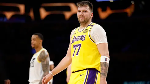 Luka Doncic #77 of the Los Angeles Lakers reacts after committing his third foul during the third quarter of a game against the Utah Jazz.