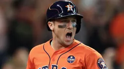 Alex Bregman #2 of the Houston Astros celebrates scoring a run on an RBI single hit by Jose Altuve #27 in the third inning against the Boston Red Sox during game two of the American League Division Series at Minute Maid Park on October 6, 2017 in Houston, Texas.