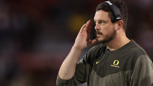 Head coach Dan Lanning of the Oregon Ducks watches from the sidelines during the first half of the NCAAF game against the Arizona Wildcats at Arizona Stadium on October 08, 2022 in Tucson, Arizona.