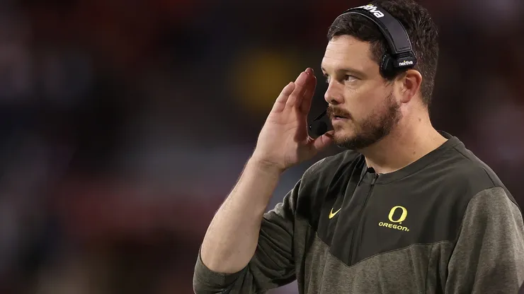 Head coach Dan Lanning of the Oregon Ducks watches from the sidelines during the first half of the NCAAF game against the Arizona Wildcats at Arizona Stadium on October 08, 2022 in Tucson, Arizona.