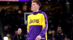 Dalton Knecht #4 of the Los Angeles Lakers looks on prior to the game against the Phoenix Suns at Acrisure Arena on October 06, 2024 in Palm Springs, California.