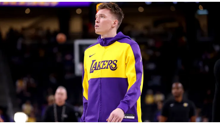 Dalton Knecht #4 of the Los Angeles Lakers looks on prior to the game against the Phoenix Suns at Acrisure Arena on October 06, 2024 in Palm Springs, California.