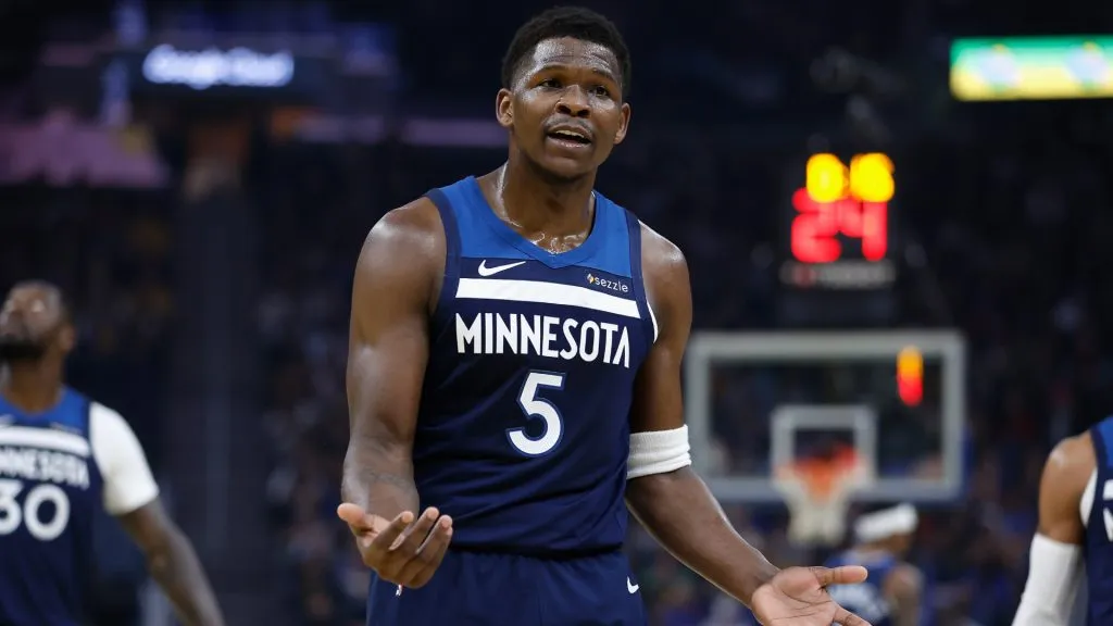 Anthony Edwards #5 of the Minnesota Timberwolves reacts after receiving a technical foul in the first quarter against the Golden State Warriors. (Lachlan Cunningham/Getty Images)