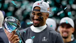 Jalen Hurts #1 of the Philadelphia Eagles celebrates with the Vince Lombardi Trophy after beating the Kansas City Chiefs 40-22 to win Super Bowl LIX at Caesars Superdome on February 09, 2025 in New Orleans, Louisiana.