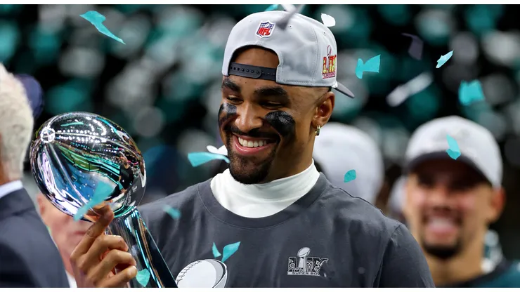 Jalen Hurts #1 of the Philadelphia Eagles celebrates with the Vince Lombardi Trophy after beating the Kansas City Chiefs 40-22 to win Super Bowl LIX at Caesars Superdome on February 09, 2025 in New Orleans, Louisiana.