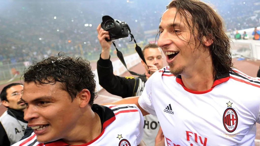Thiago Silva and Zlatan Ibrahimovic of Milan celebrate the victory after the Serie A match between AS Roma and AC Milan at Stadio Olimpico. (Giuseppe Bellini/Getty Images)