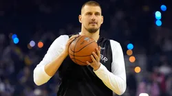 Nikola Jokic #15 of the Denver Nuggets and Chuck's Global Stars warms up during 2025 NBA All-Star Practice & Media Availability at Oakland Arena on February 15, 2025 in Oakland, California.