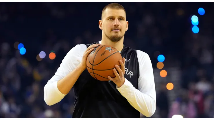 Nikola Jokic #15 of the Denver Nuggets and Chuck's Global Stars warms up during 2025 NBA All-Star Practice & Media Availability at Oakland Arena on February 15, 2025 in Oakland, California.