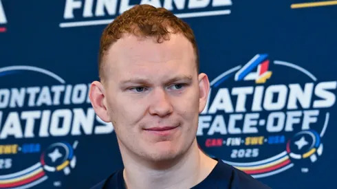 Brady Tkachuk #7 of the United States takes questions during media day ahead of the 2025 NHL 4 Nations Face-Off at the Bell Centre on February 11, 2025 in Montreal, Quebec, Canada.