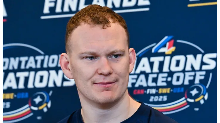 Brady Tkachuk #7 of the United States takes questions during media day ahead of the 2025 NHL 4 Nations Face-Off at the Bell Centre on February 11, 2025 in Montreal, Quebec, Canada.