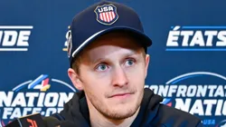 Jake Guentzel #59 of the United States takes questions during media day ahead of the 2025 NHL 4 Nations Face-Off at the Bell Centre on February 11, 2025 in Montreal, Quebec, Canada.