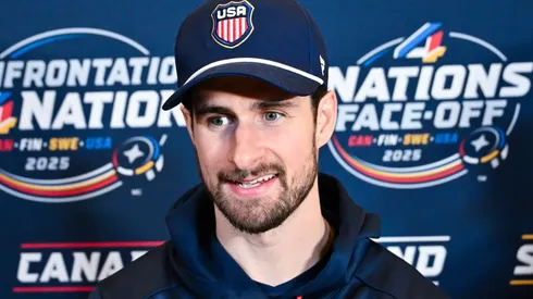 Dylan Larkin #21 of the United States takes questions during media day ahead of the 2025 NHL 4 Nations Face-Off at the Bell Centre on February 11, 2025 in Montreal, Quebec, Canada.
