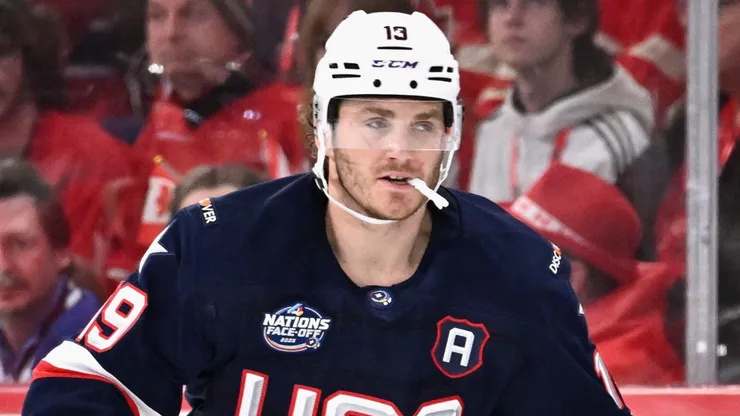 Matthew Tkachuk #19 of Team USA skates against Team Canada during the second period in the 4 Nations Face-Off game at the Bell Centre on February 15, 2025 in Montreal, Quebec, Canada.