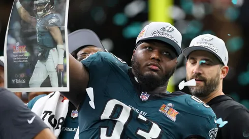 Milton Williams #93 of the Philadelphia Eagles celebrates after beating the Kansas City Chiefs 40-22 to win Super Bowl LIX at Caesars Superdome on February 09, 2025 in New Orleans, Louisiana.