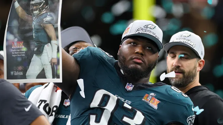 Milton Williams #93 of the Philadelphia Eagles celebrates after beating the Kansas City Chiefs 40-22 to win Super Bowl LIX at Caesars Superdome on February 09, 2025 in New Orleans, Louisiana.