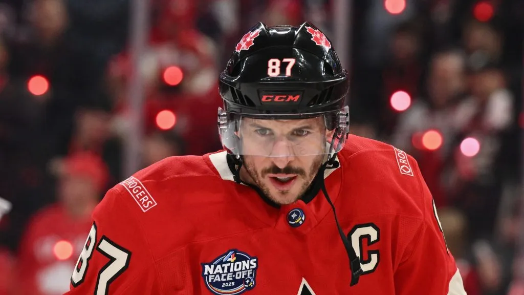 Sidney Crosby #87 of Team Canada warms up prior to a game against Team USA in the 4 Nations Face-Off game at the Bell Centre on February 15, 2025 in Montreal, Quebec, Canada.