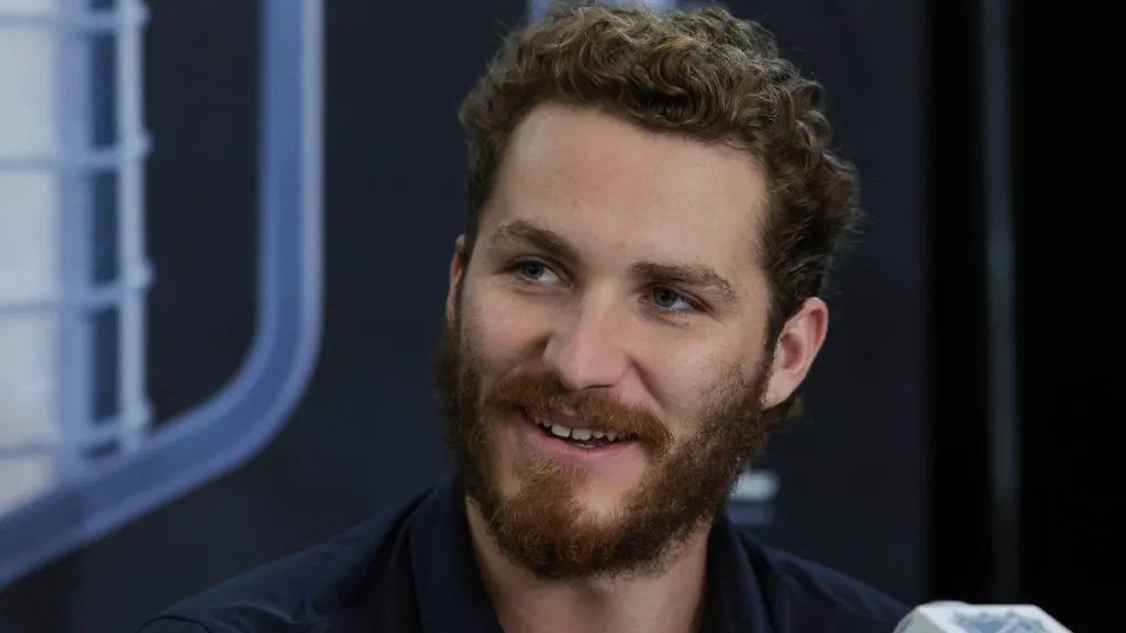 Matthew Tkachuk #19 of the Florida Panthers is interviewed during Media Day for the 2023 NHL Stanley Cup Final between the Panthers and the Vegas Golden Knights at T-Mobile Arena on June 02, 2023 in Las Vegas, Nevada.