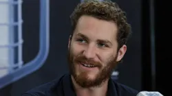 Matthew Tkachuk #19 of the Florida Panthers is interviewed during Media Day for the 2023 NHL Stanley Cup Final between the Panthers and the Vegas Golden Knights at T-Mobile Arena on June 02, 2023 in Las Vegas, Nevada.