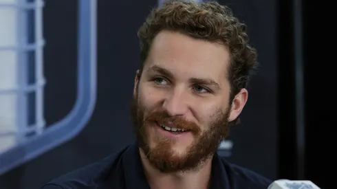 Matthew Tkachuk #19 of the Florida Panthers is interviewed during Media Day for the 2023 NHL Stanley Cup Final between the Panthers and the Vegas Golden Knights at T-Mobile Arena on June 02, 2023 in Las Vegas, Nevada.