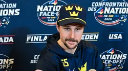 Erik Karlsson #65 of Sweden takes questions during media day ahead of the 2025 NHL 4 Nations Face-Off at the Bell Centre on February 11, 2025 in Montreal, Quebec, Canada.