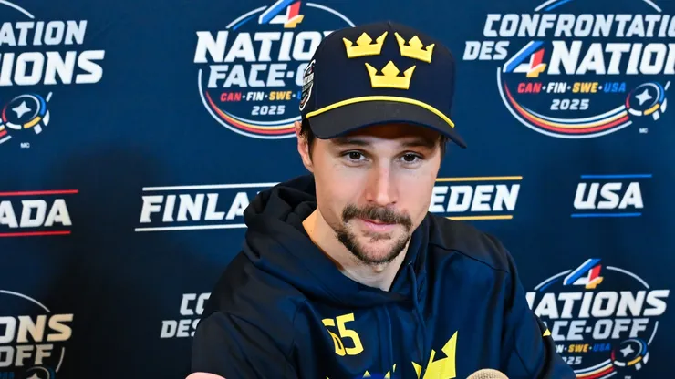 Erik Karlsson #65 of Sweden takes questions during media day ahead of the 2025 NHL 4 Nations Face-Off at the Bell Centre on February 11, 2025 in Montreal, Quebec, Canada.