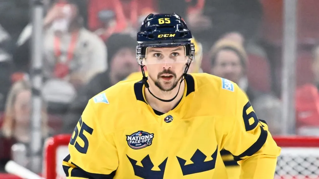 Erik Karlsson #65 of Team Sweden skates during the second period against Team Canada in the 2025 NHL 4 Nations Face-Off at the Bell Centre on February 12, 2025 in Montreal, Quebec, Canada. Team Canada defeated Team Sweden 4-3 in overtime.