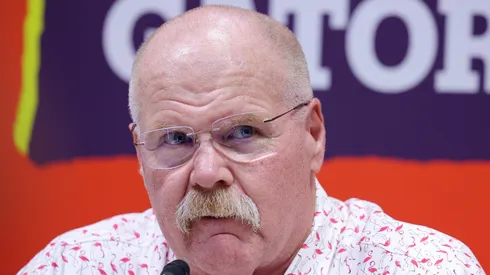 Andy Reid addresses reporters during Super Bowl LIX.