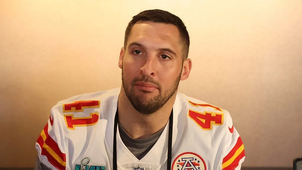 James Winchester #41 of the Kansas City Chiefs speaks to the media during the Kansas City Chiefs media availability prior to Super Bowl LVII at the Hyatt Regency Gainey Ranch on February 08, 2023 in Scottsdale, Arizona.