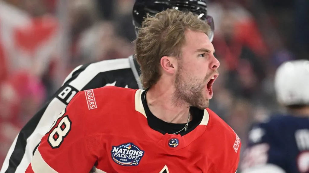 Brandon Hagel #38 of Team Canada gestures to the crowd following a first period fight against Matthew Tkachuk #19 of Team USA in the 4 Nations Face-Off game at the Bell Centre on February 15, 2025 in Montreal, Quebec, Canada.