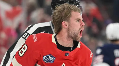 Brandon Hagel #38 of Team Canada gestures to the crowd following a first period fight against Matthew Tkachuk #19 of Team USA in the 4 Nations Face-Off game at the Bell Centre on February 15, 2025 in Montreal, Quebec, Canada.
