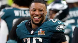 Saquon Barkley #26 of the Philadelphia Eagles looks on from the sideline in the fourth quarter against the Kansas City Chiefs during Super Bowl LIX at Caesars Superdome on February 09, 2025 in New Orleans, Louisiana.