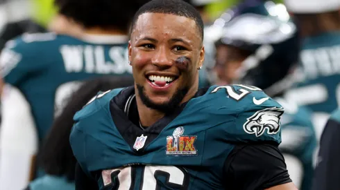 Saquon Barkley #26 of the Philadelphia Eagles looks on from the sideline in the fourth quarter against the Kansas City Chiefs during Super Bowl LIX at Caesars Superdome on February 09, 2025 in New Orleans, Louisiana.