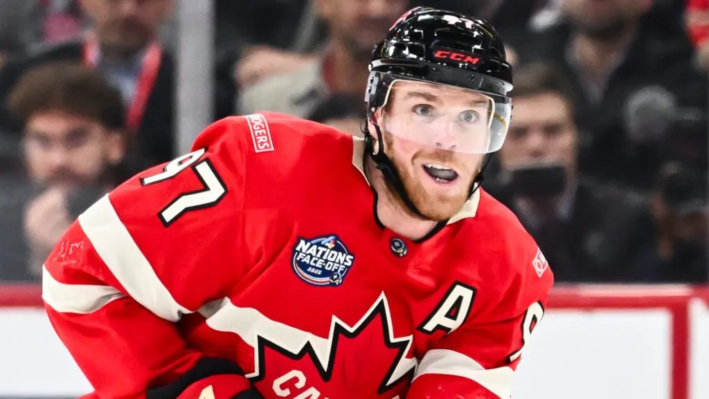 Connor McDavid #97 of Team Canada skates the puck during the third period against Team Sweden in the 2025 NHL 4 Nations Face-Off at the Bell Centre on February 12, 2025 in Montreal, Quebec, Canada. Team Canada defeated Team Sweden 4-3 in overtime.