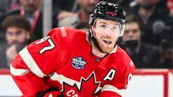 Connor McDavid #97 of Team Canada skates the puck during the third period against Team Sweden in the 2025 NHL 4 Nations Face-Off at the Bell Centre on February 12, 2025 in Montreal, Quebec, Canada. Team Canada defeated Team Sweden 4-3 in overtime.