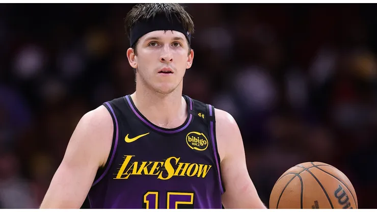 Austin Reaves #15 of the Los Angeles Lakers dribbles against the Houston Rockets during the first half at Toyota Center on January 05, 2025.