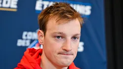 Cale Makar #8 of Canada takes questions during media day ahead of the 2025 NHL 4 Nations Face-Off at the Bell Centre on February 11, 2025 in Montreal, Quebec, Canada.
