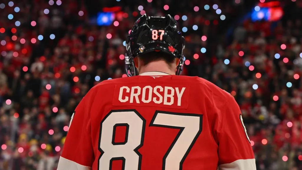 Sidney Crosby #87 of Team Canada warms up prior to a game against Team USA in the 4 Nations Face-Off game at the Bell Centre on February 15, 2025 in Montreal, Quebec, Canada.