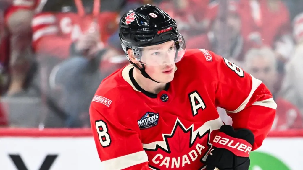 Cale Makar #8 of Team Canada skates the puck during the third period against Team Sweden in the 2025 NHL 4 Nations Face-Off at the Bell Centre on February 12, 2025 in Montreal, Quebec, Canada.