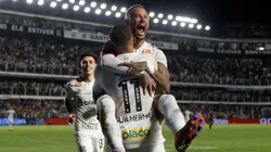 Guilherme of Santos celebrates with teammate Neymar after scoring the team´s third goal during a match between Santos and Agua Santa as part of Campeonato Paulista 2025 at Urbano Caldeira Stadium (Vila Belmiro) on February 16, 2025 in Santos, Brazil.